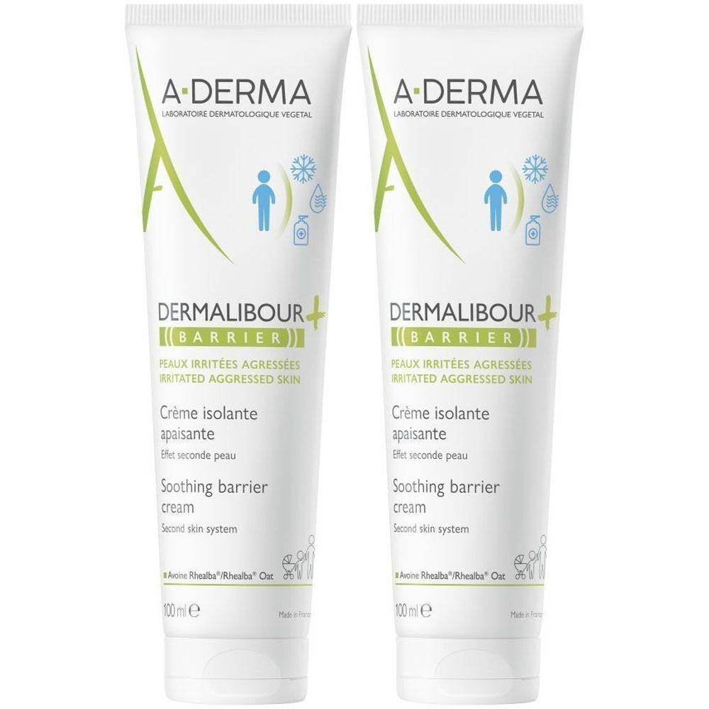 Deux tubes de crème A-DERMA Dermalibour+ Barrier. Tubes blancs avec texte et illustrations vertes. Crème isolante apaisante.
