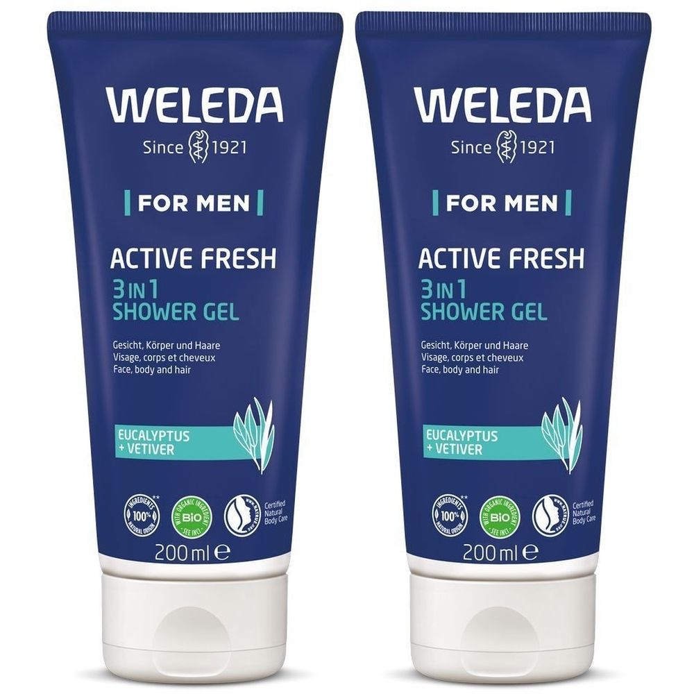 Twee blauwe tubes douchegel. Opschrift: WELEDA, FOR MEN, ACTIVE FRESH 3 in 1 Shower Gel. Met bio-keurmerk en 200 ml.