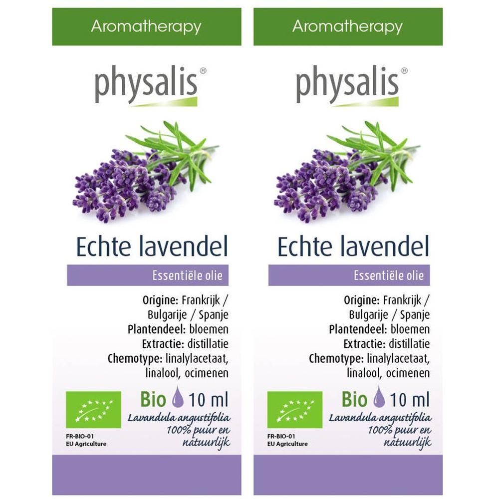 Deux étiquettes de flacon avec illustration de lavande, texte : physalis, Aromathérapie, Echte lavendel, Bio, 10 ml.