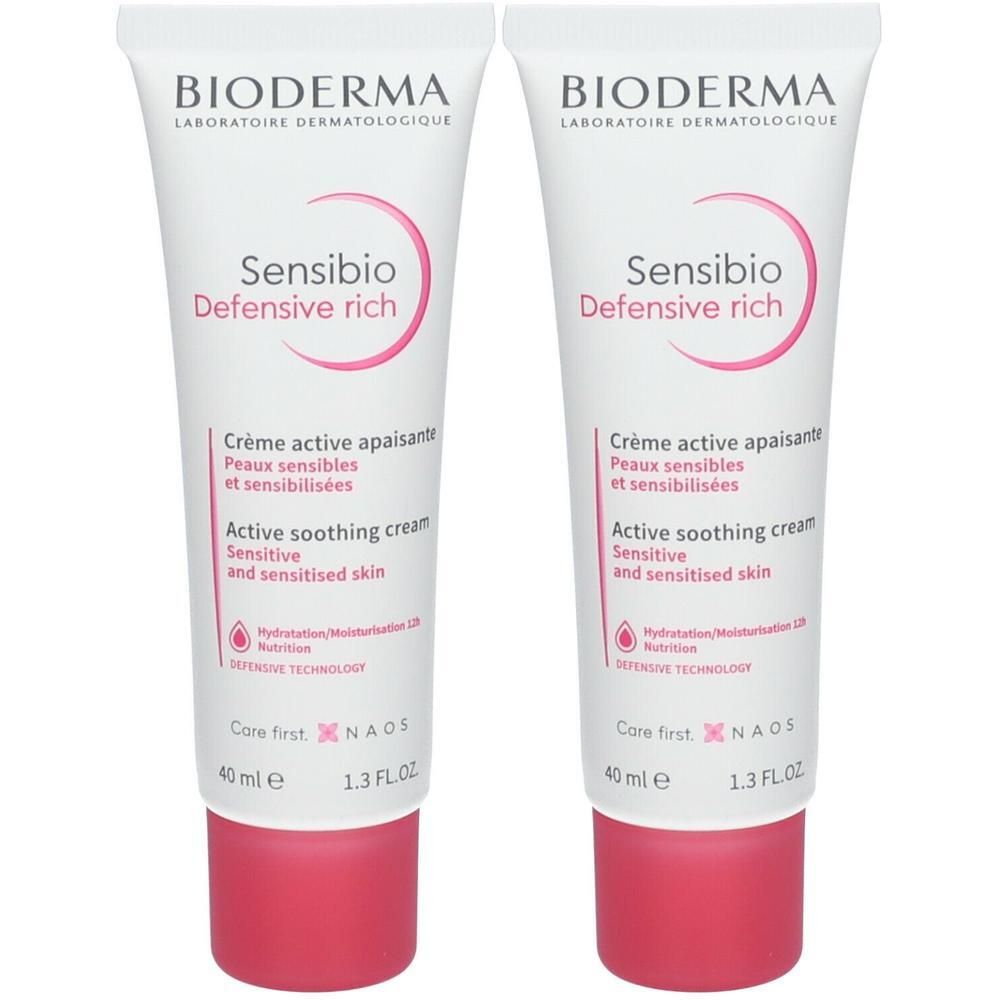 Deux tubes de BIODERMA Sensibio Defensive Rich. Tubes blancs avec texte rose. 40 ml.