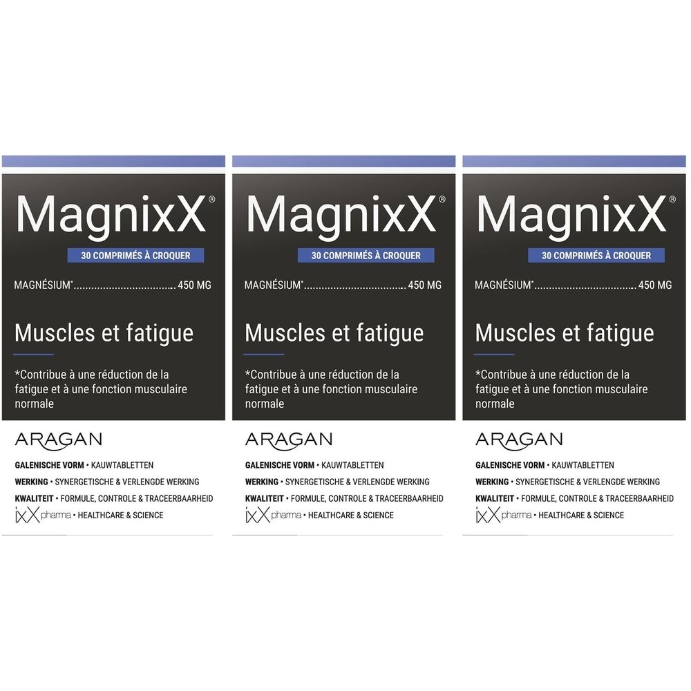 Trois boîtes de MagnixX. Emballage noir avec texte blanc. Contient 30 comprimés à croquer. Magnésium 450 mg. Texte en français.