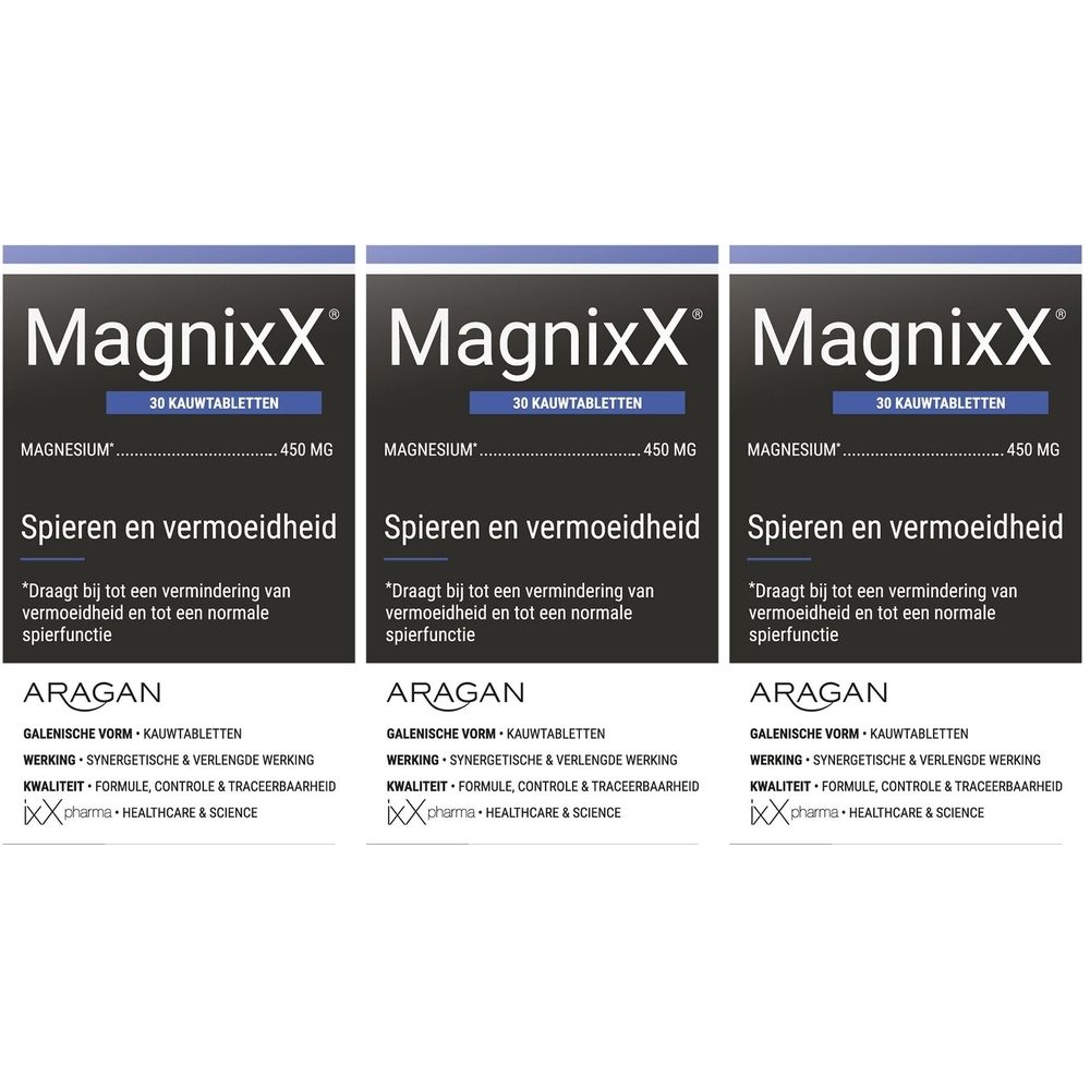 Drie verpakkingen MagnixX. Zwarte verpakking met witte tekst. Bevat 30 kauwtabletten. Magnesium 450 mg. Tekst in het Nederlands.