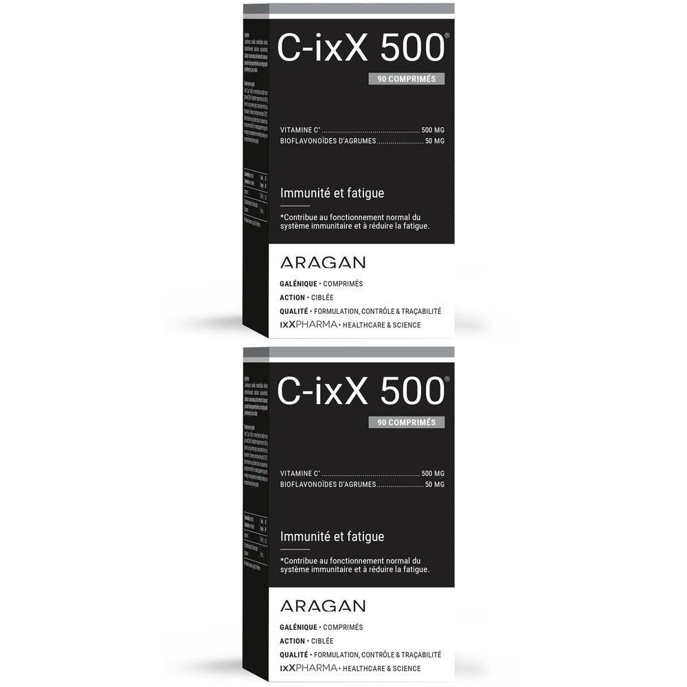 Deux boîtes C-ixX 500. Emballage noir, texte blanc. Contient de la vitamine C. Marque : ARAGAN.