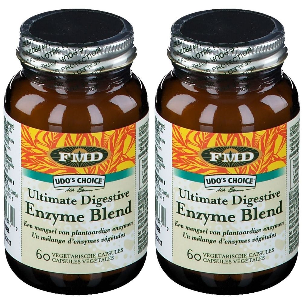 Twee bruine flessen met capsules. Opschrift: Ultimate Digestive Enzyme Blend. 60 vegetarische capsules.