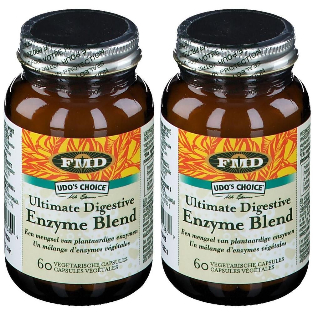 Twee flessen met etiket. Opschrift: Udo's Choice Ultimate Digestive Enzyme Blend. 60 capsules.