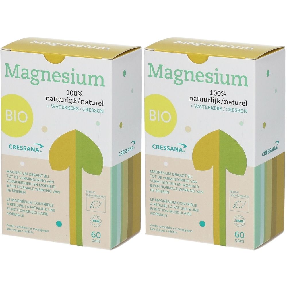 Deux boîtes de Cressana® Magnésium + Cresson Bio. Inscription : Magnésium, BIO, 100% naturel. Contient 60 gélules. Logo Bio UE.