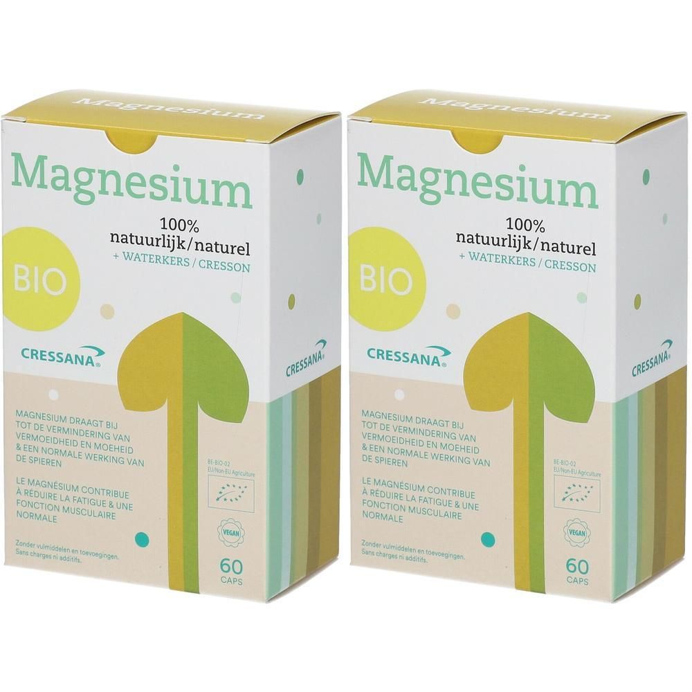 Deux boîtes de CRESSANA® Magnésium + Cresson bio. Inscription: Magnésium, BIO, 60 capsules. Design vert et jaune.