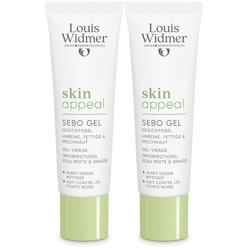 Deux tubes de gel Louis Widmer Skin Appeal Sebo. Tubes blancs avec accents verts. Texte: Skin Appeal, Sebo Gel, gel visage.