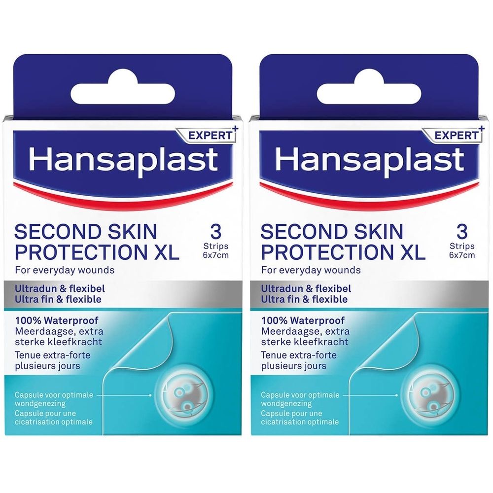 Deux boîtes de pansements Hansaplast. Inscription : Second Skin Protection XL, 3 bandes, 6x7cm. Imperméable, tenue extra-forte.
