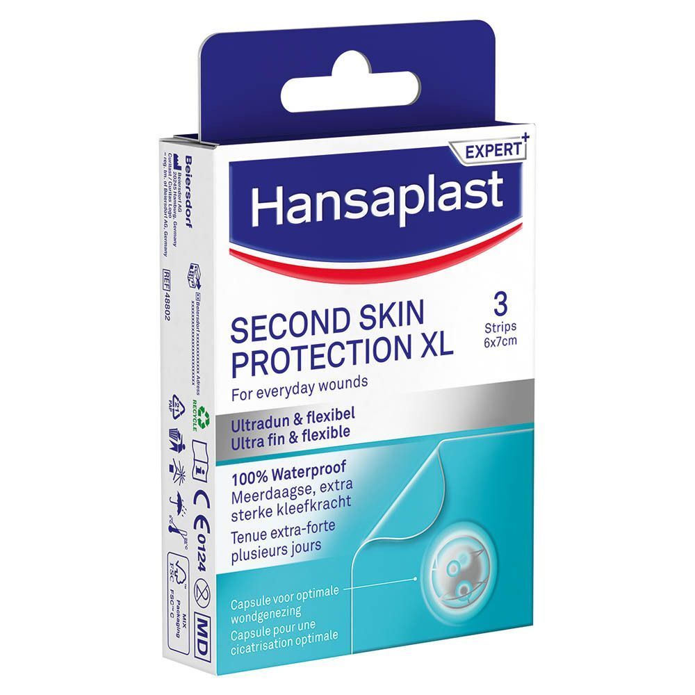 HANSAPLAST Second Skin Protection XL doos. 3 pleisters, 6x7cm. Verpakking met productinfo.