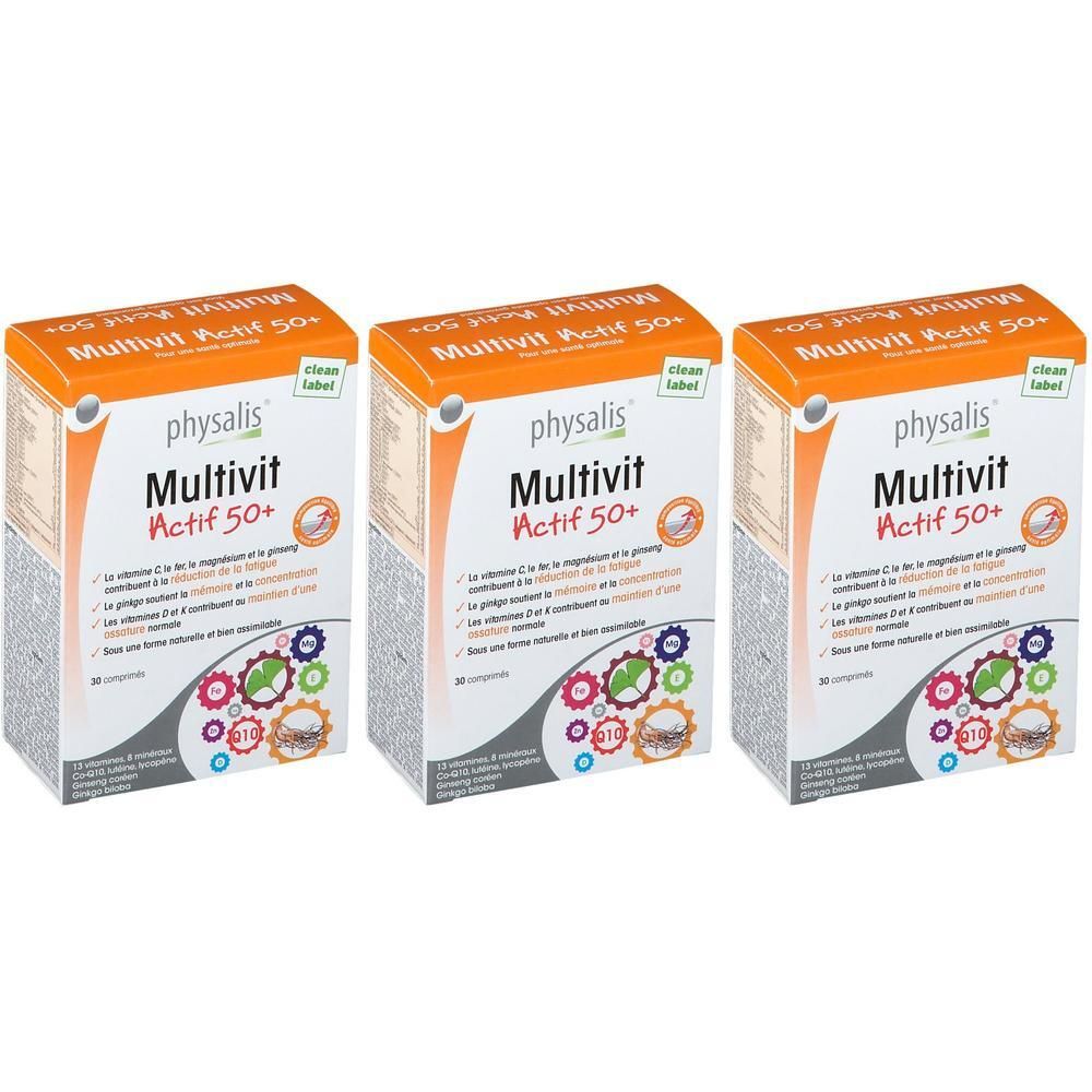 Drie dozen Physalis® Multivit Actif 50+. Oranje-witte dozen met productnaam en logo's. 90 tabletten per doos.
