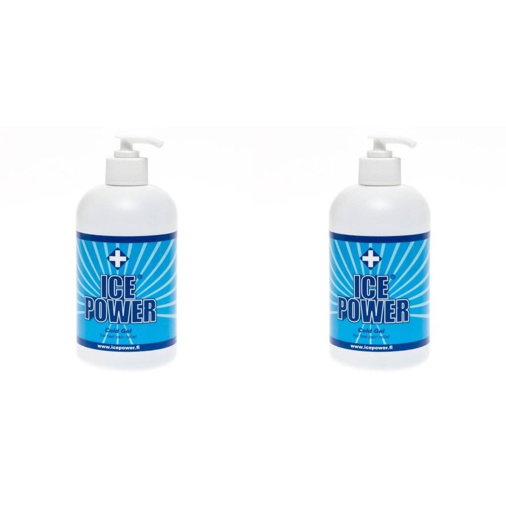 Twee witte flessen met pomp. Blauwe etiketten met "ICE POWER" en kruissymbool. "Cold Gel" eronder.