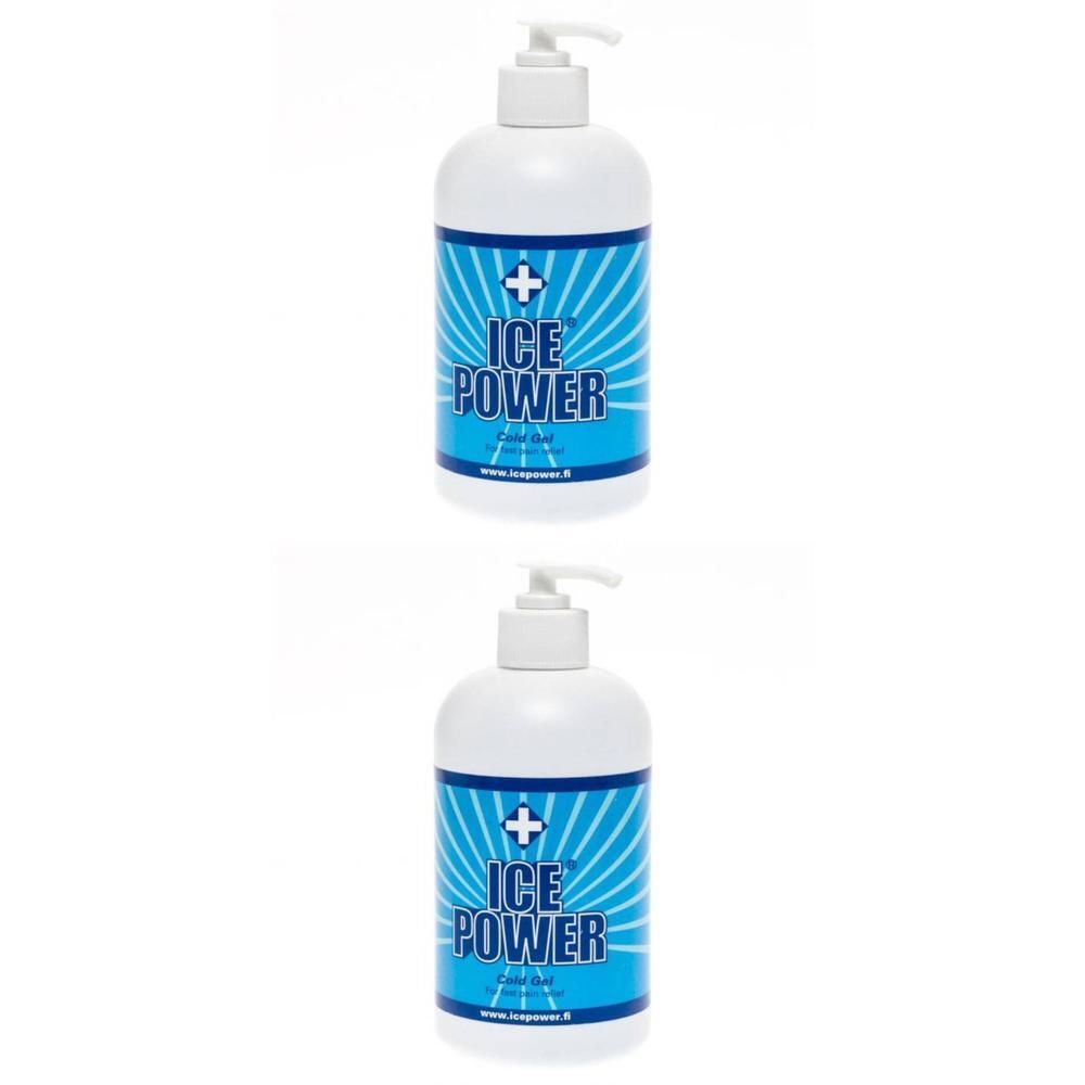 Twee witte flessen met blauw etiket. Opschrift: ICE POWER Cold Gel. Met doseerpomp.