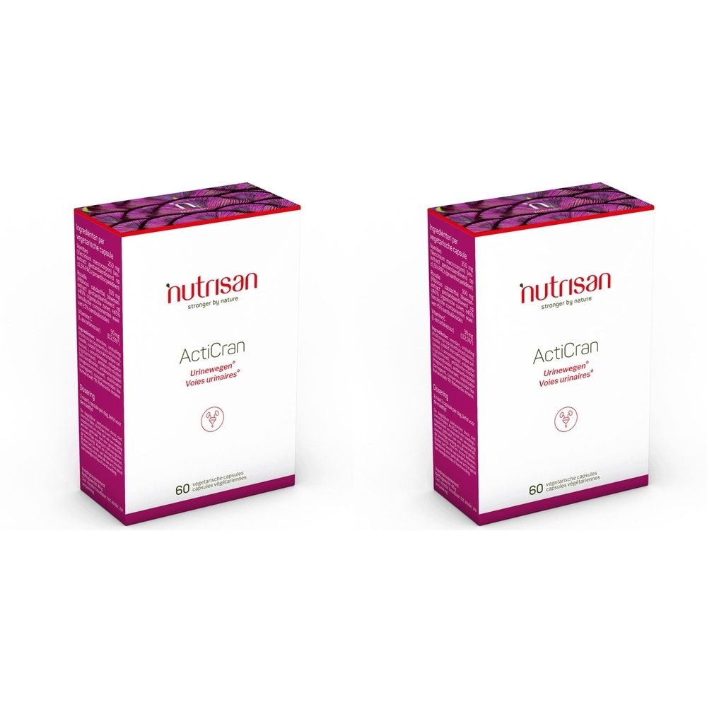 Twee witte dozen met paarse accenten. Op de voorkant staat "Nutrisan ActiCran". Onderaan staat "60 vegetarische capsules".