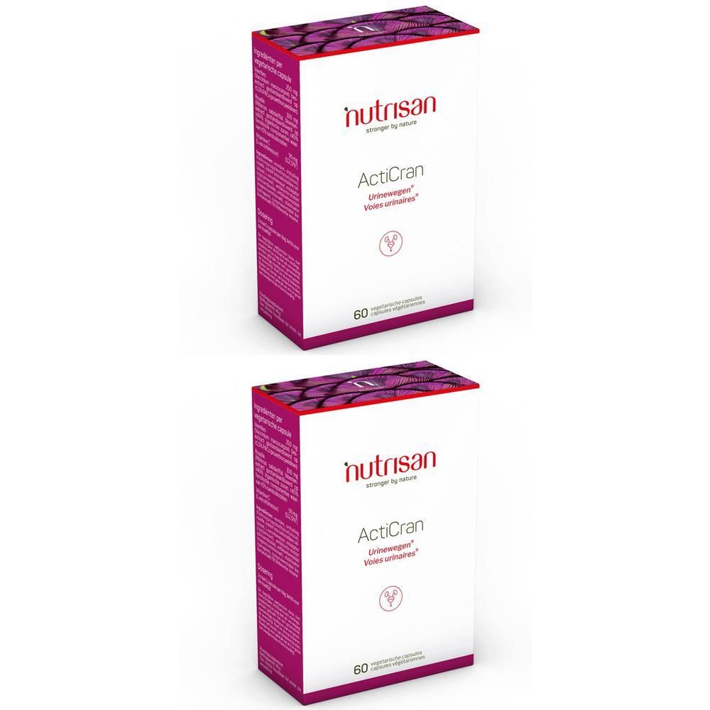 Deux boîtes blanches et violettes. Inscription : Nutrisan ActiCran, 60 gélules végétales.