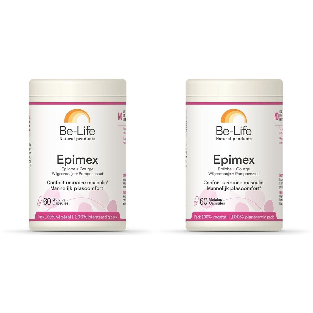 Twee witte potten met roze en oranje etiketten. Opschrift: Be-Life, Epimex, 60 capsules. Tekst in het Frans en Nederlands.