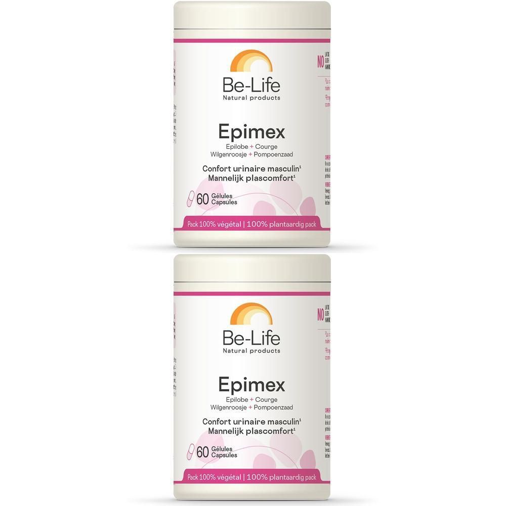 Twee witte potten met etiketten. Opschrift: Be-Life Epimex, 60 capsules. Zonne-logo.