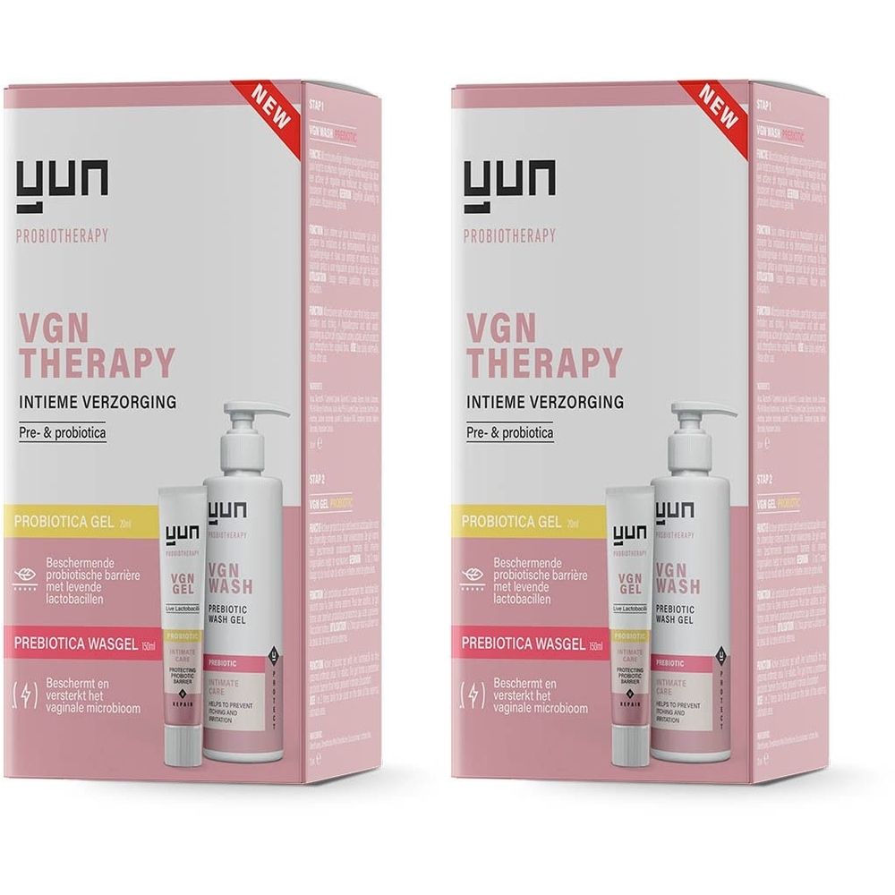 Verpakking YUN VGN Therapy Set. Bevat gel, waslotion en fles. Roze en witte verpakking met tekst.