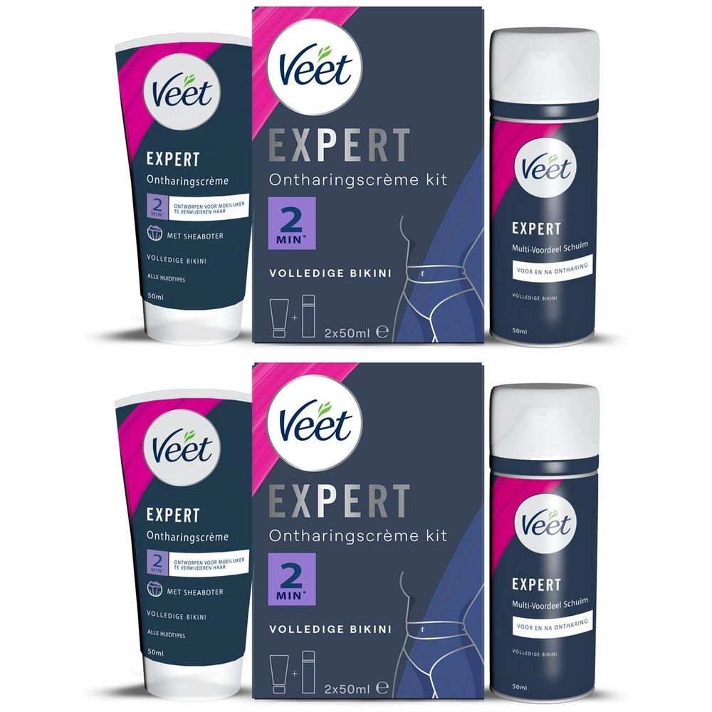 Kit Veet Expert crème dépilatoire. Comprend crème, mousse et deux paquets. Emballage avec nom du produit et illustration bikini.