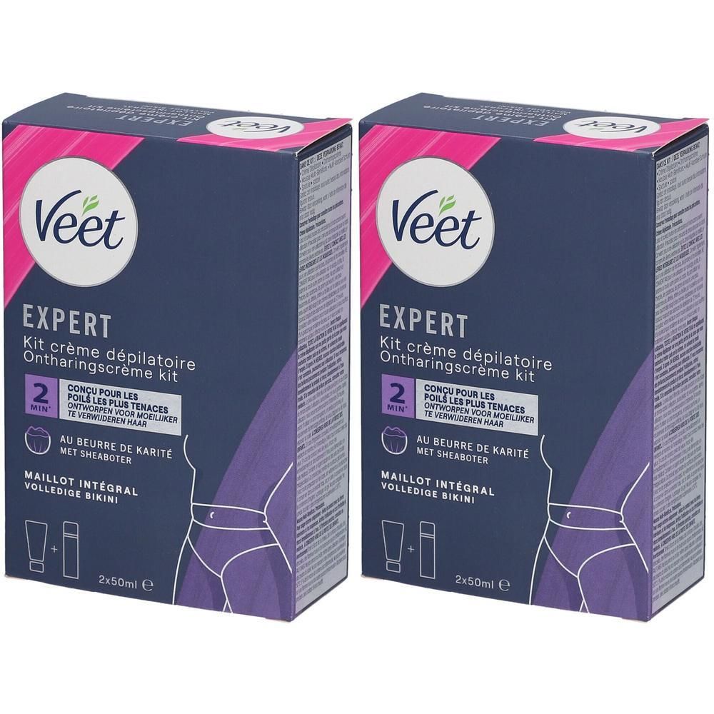 Twee Veet Expert kits. Donkerblauwe verpakking met productnaam en afbeelding. Bevat crème en applicator.