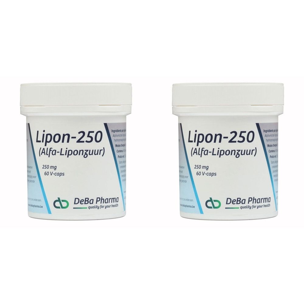 Twee witte potten met de tekst Lipon-250. Opschrift: 250 mg, 60 V-caps. Merk: DeBa Pharma.