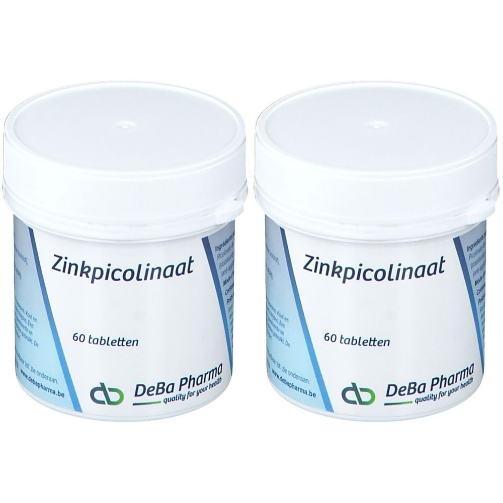 Twee witte potten met deksels. Opschrift: Zinkpicolinaat, 60 tabletten. Logo DeBa Pharma.