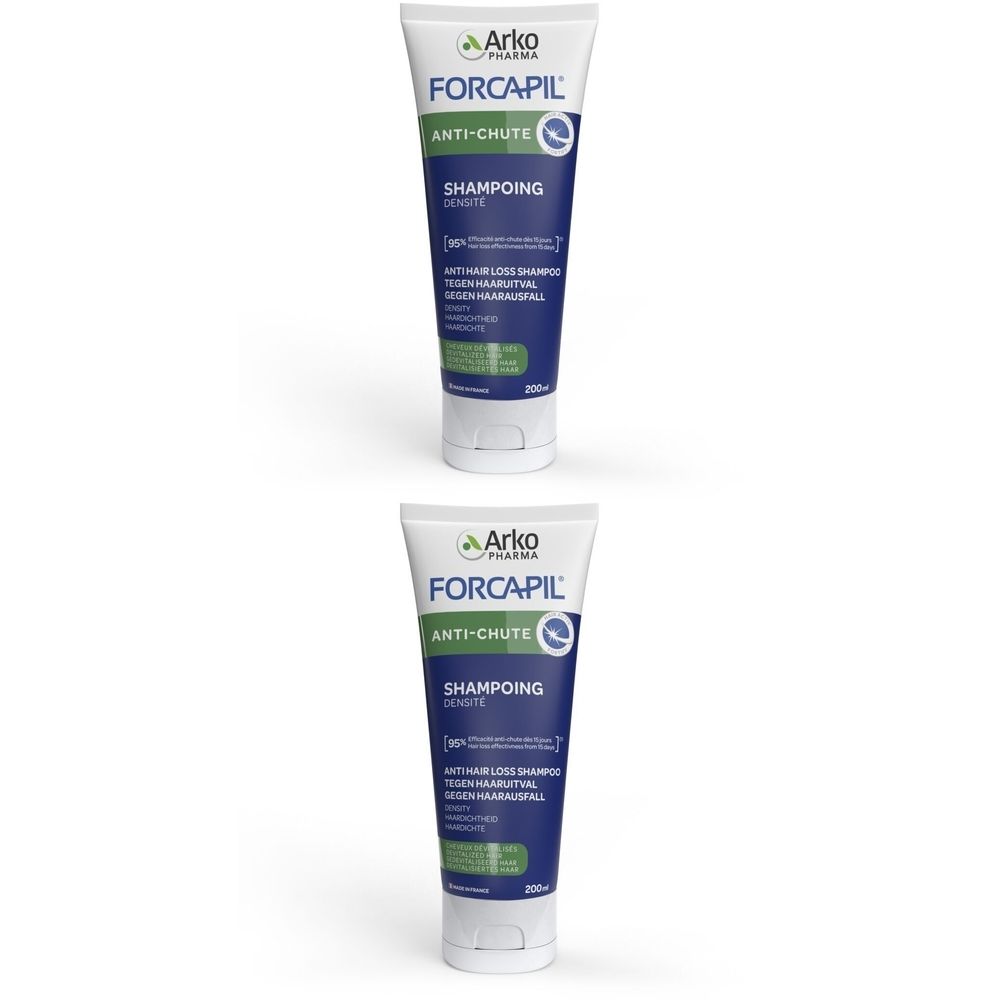 Twee tubes shampoo. Opschrift: FORCAPIL, Anti-Chute, Shampooing. Merk: Arko Pharma. Blauwe en witte verpakking.