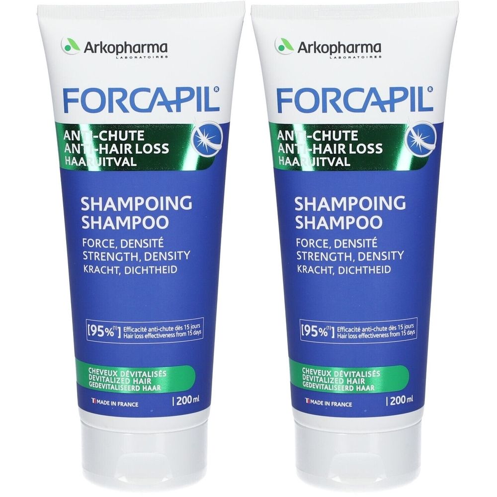 Twee tubes shampoo. Wit-blauwe verpakking met productnaam en logo. Tekst in het Duits, Frans en Nederlands.