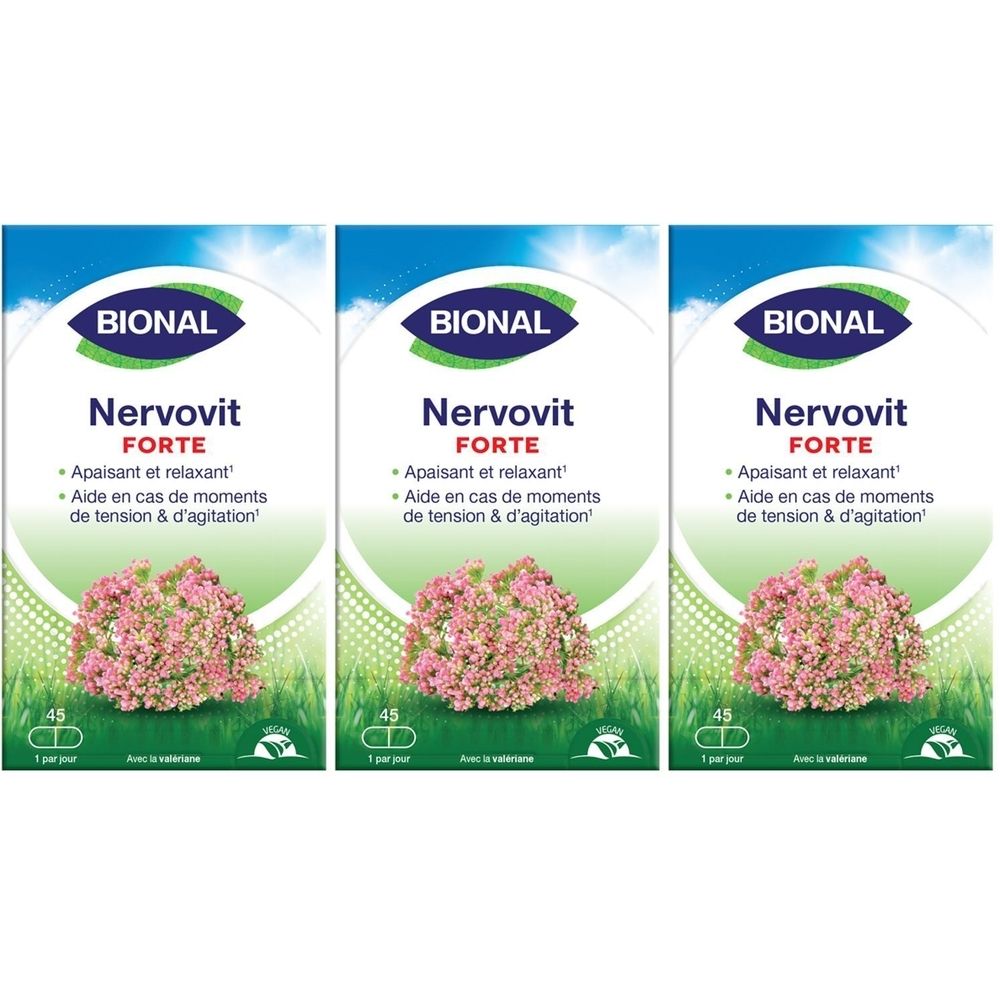 Trois boîtes de Bional Nervovit Forte. Emballage bleu et vert avec nom du produit et motif floral. 45 comprimés.