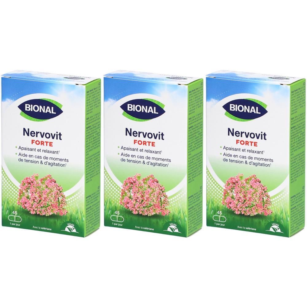 Drie dozen Bional Nervovit Forte. Groen-witte verpakking met productnaam en bloemmotief. 45 tabletten per doos.