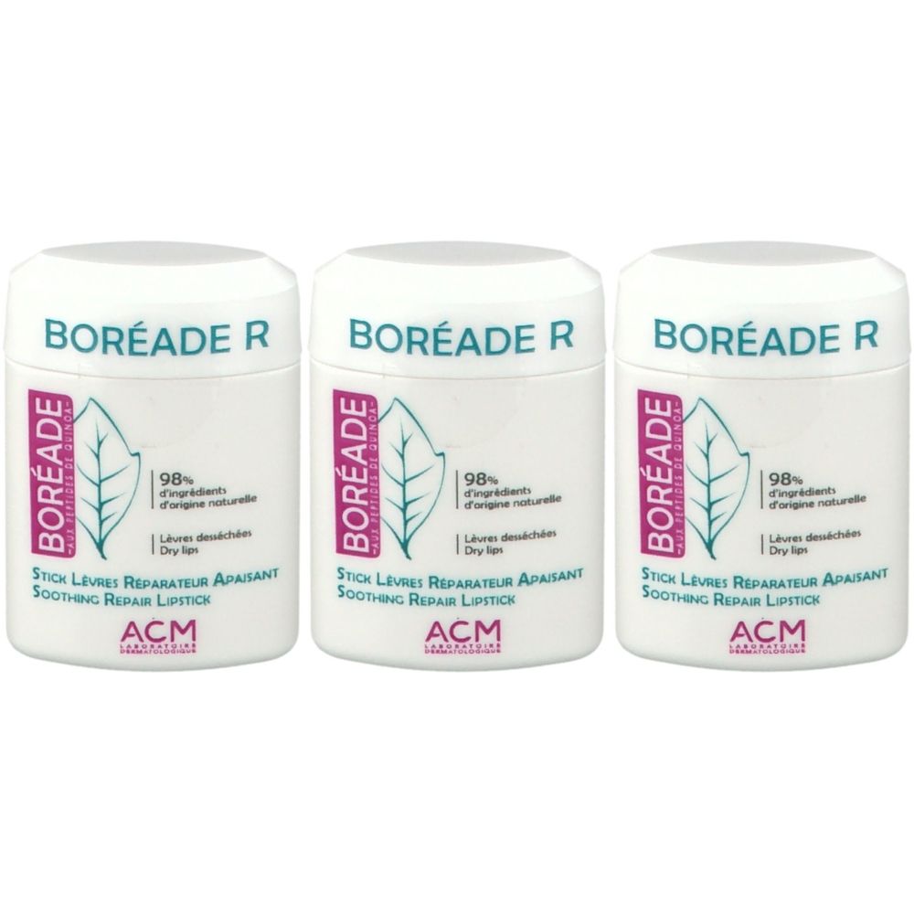 Trois sticks à lèvres cylindriques blancs. Inscription: BORÉADE R, 98% d'ingrédients d'origine naturelle, logo ACM. 