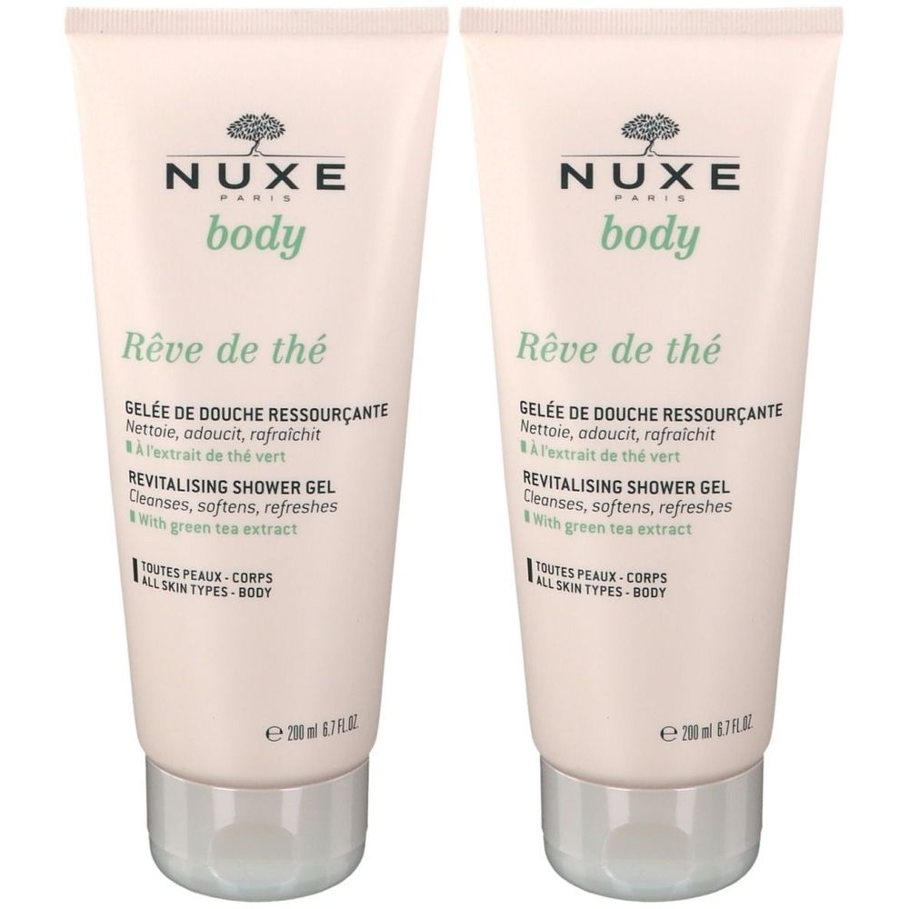 Twee tubes douchegel. Opschrift: Nuxe Body, Rêve de thé, Revitalising Shower Gel. Voor alle huidtypes.