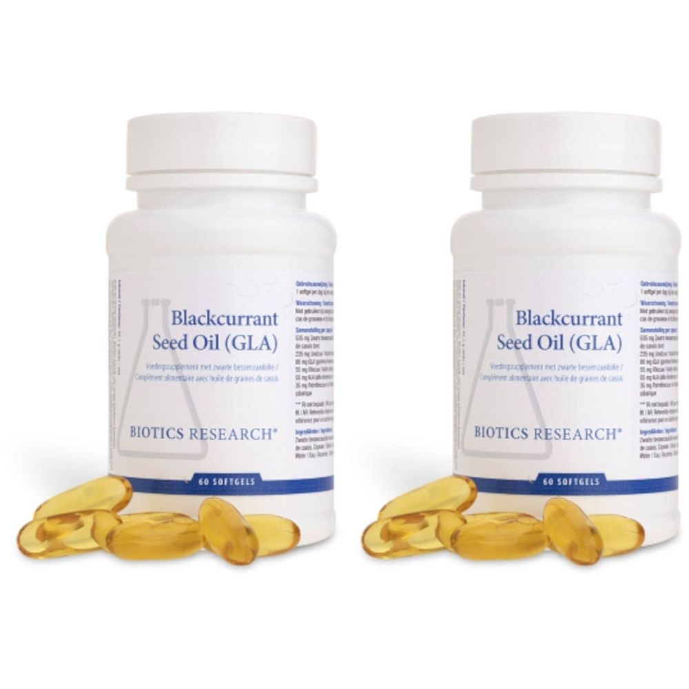 Deux flacons blancs avec capsules et inscription Blackcurrant Seed Oil (GLA). Marque BIOTICS RESEARCH. 60 gélules.