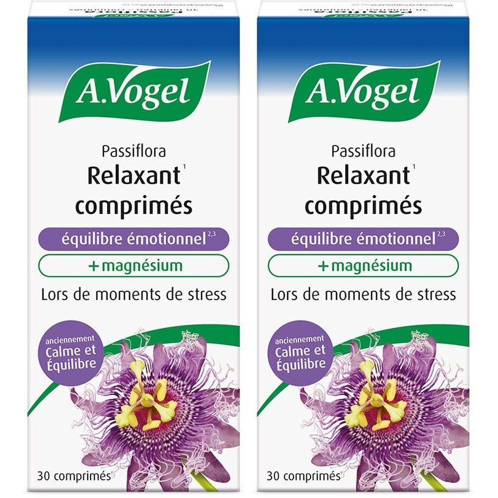 Deux boîtes de comprimés A.Vogel Passiflora Relaxant. Emballage violet et blanc avec design floral et texte.