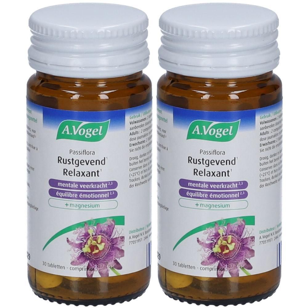 Deux flacons de Passiflora Relaxant A. Vogel. Flacons en verre brun avec couvercle blanc. Étiquette avec nom du produit, ingrédients et logo.