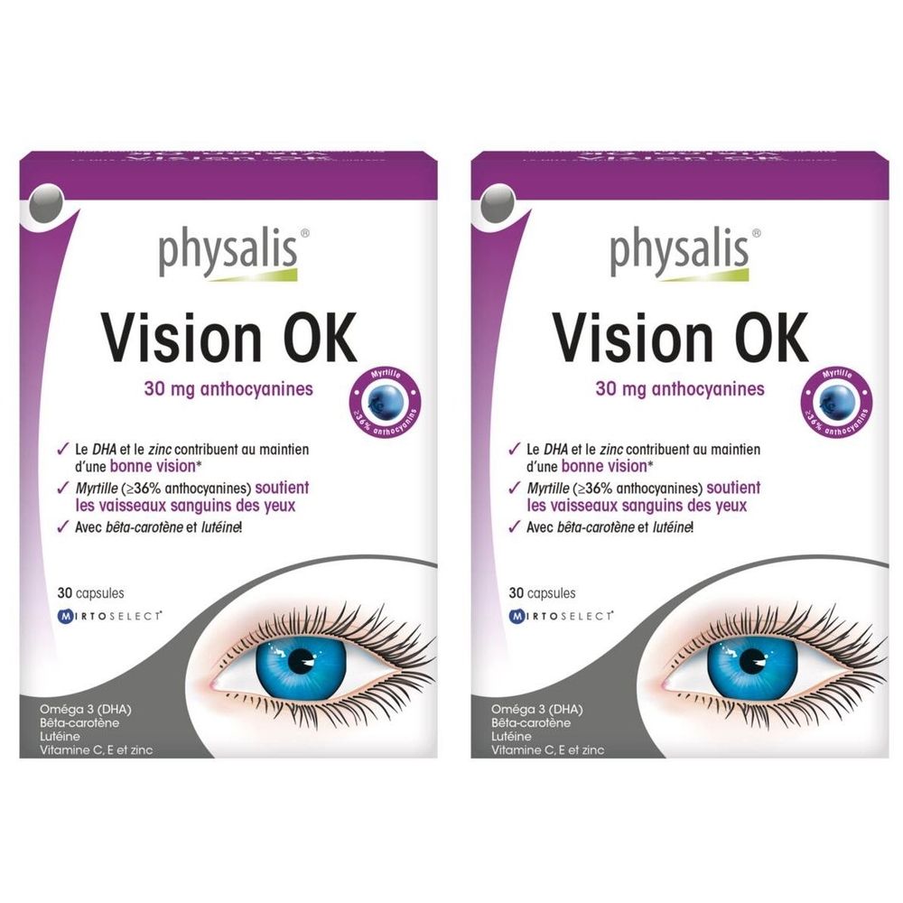 Deux boîtes de Physalis Vision OK. Inscription : 30 mg d'anthocyanes, 30 capsules. Illustration d'œil et informations produit.