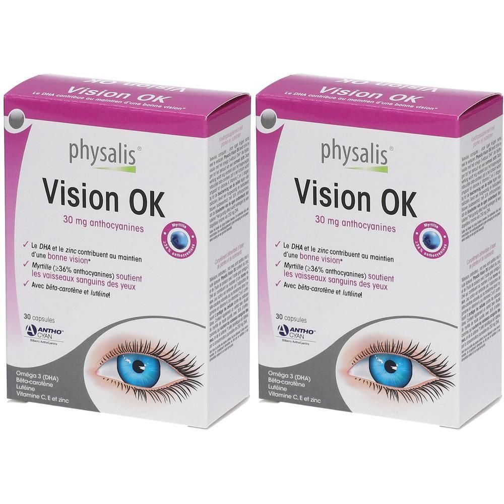 Deux boîtes de Vision OK. Boîtes violettes et blanches avec nom et informations. Illustration d'un œil.