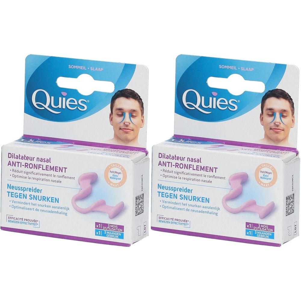 Twee verpakkingen Quies neusspreiders. Roze neusbeugel op kartonnen verpakking. Opschrift: Anti-snurken, Neusspreider.