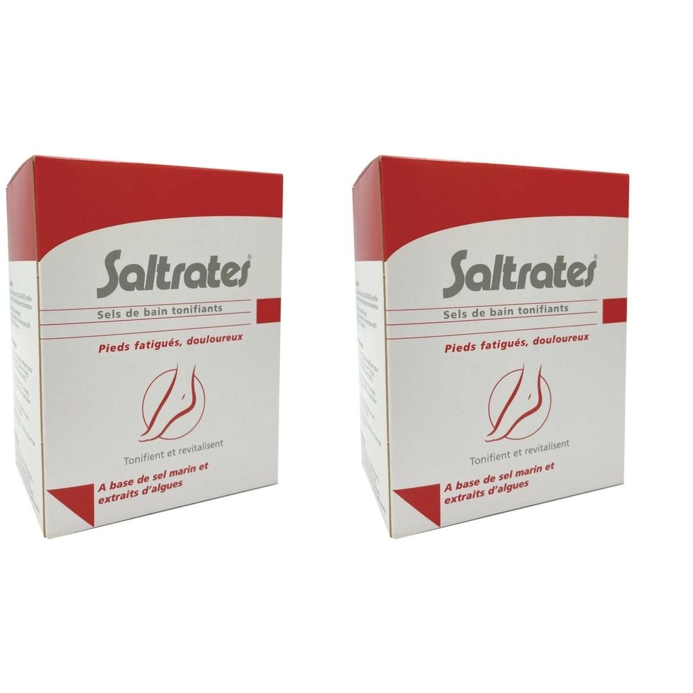 Deux boîtes rectangulaires. Inscription: Saltrates, Sels de bain tonifiants, Pieds fatigués, douloureux. Couvercle rouge, fond blanc.