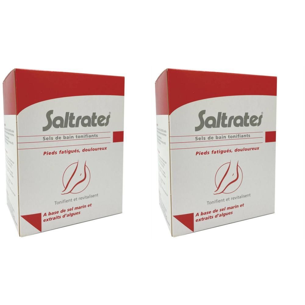 Deux boîtes Saltrates. Blanches avec dessus rouge. Texte: Sels de bain tonifiants, Pieds fatigués, douloureux. Logo pied.