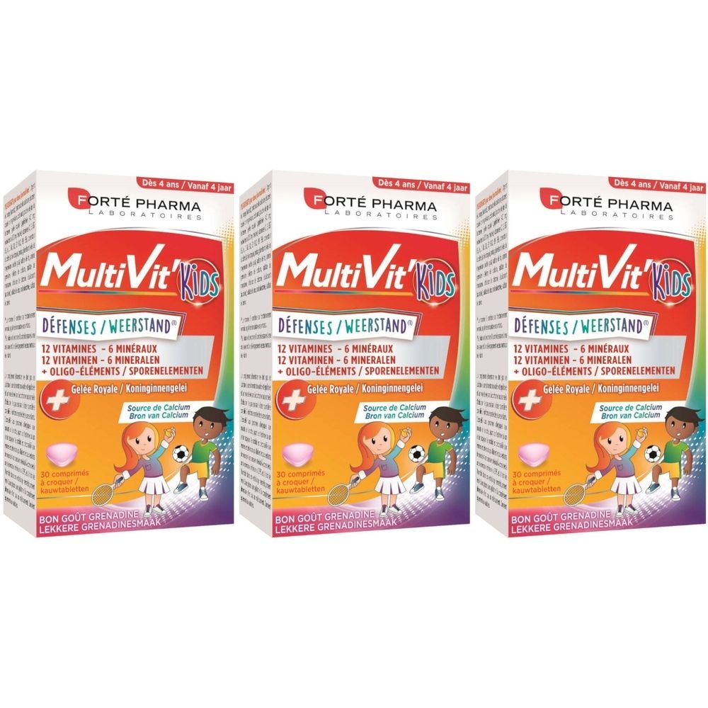 Drie dozen MultiVit' Kids. Opschrift: 12 vitaminen, 6 mineralen. Illustraties van kinderen en een plus-teken.