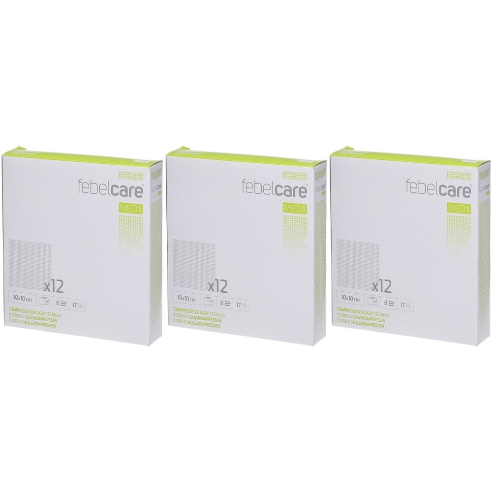 Trois boîtes "Febelcare". Chaque boîte contient 12 pièces. Inscription : 10x10cm.