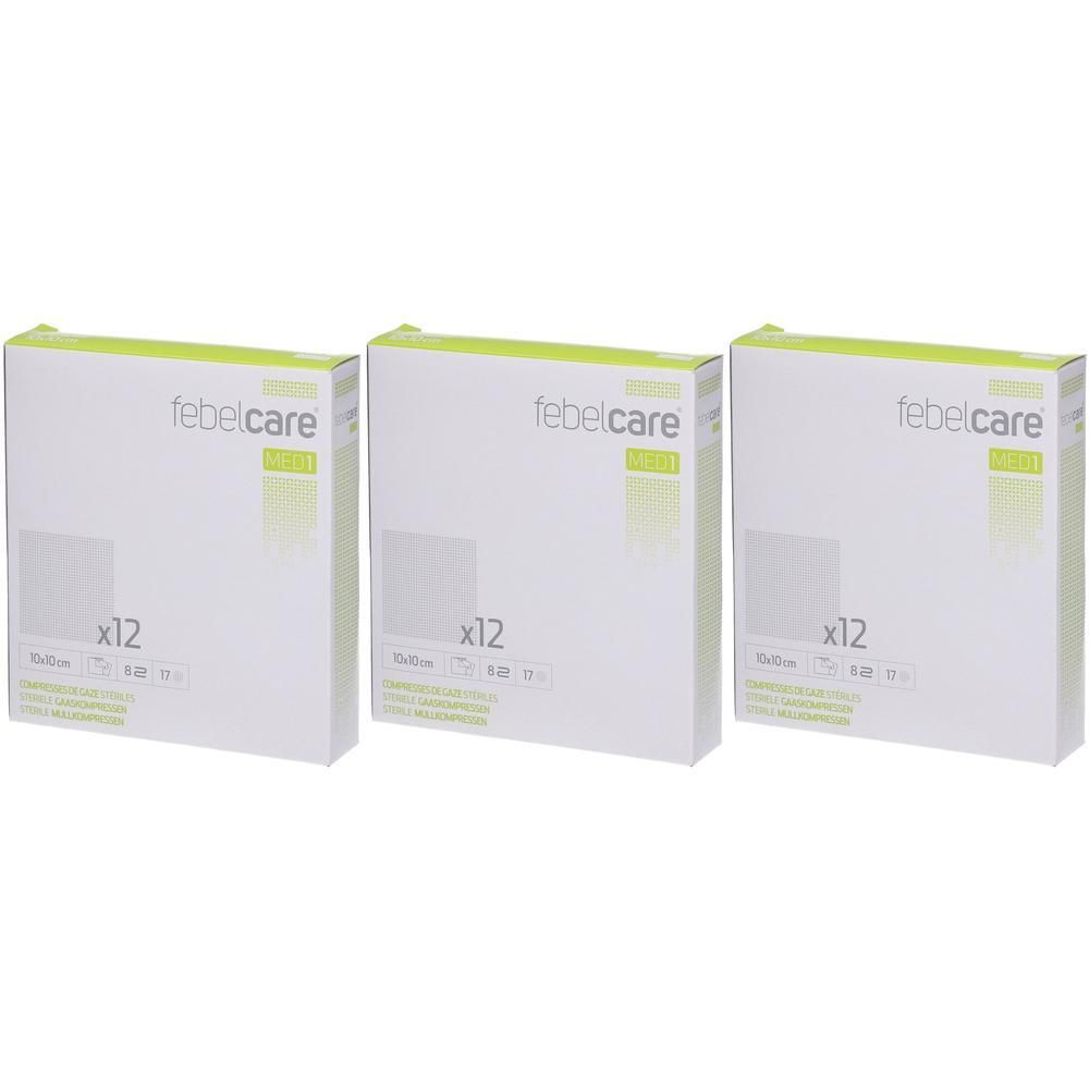 Trois boîtes avec texte vert. Inscription: Febelcare, 10x10cm, x12. Compresses stériles.