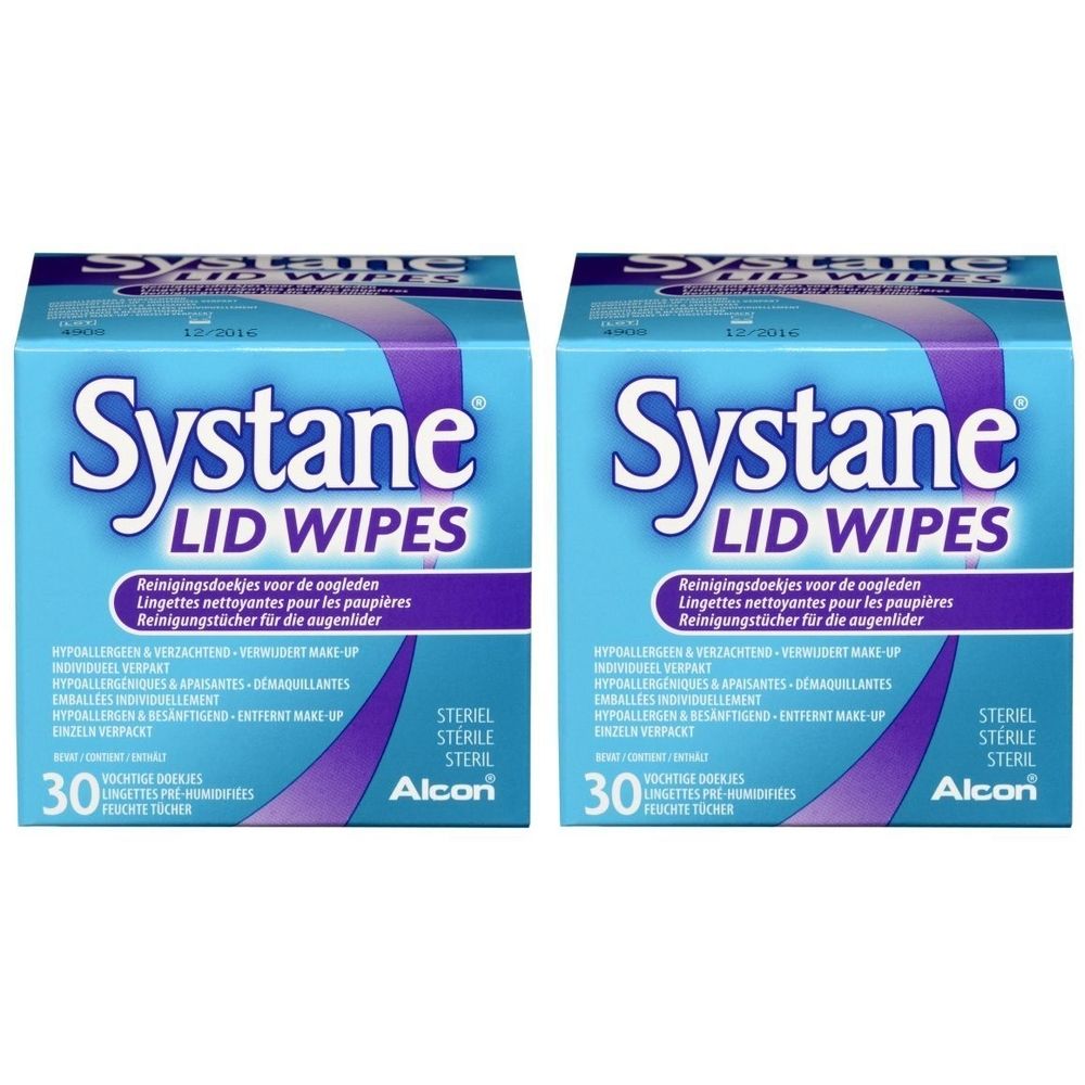 Twee verpakkingen Systane Lid Wipes. Blauwe dozen met witte tekst en paarse accenten. Bevat 30 doekjes.
