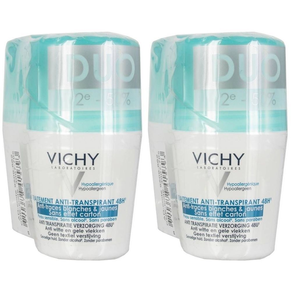 Pack de deux déodorants roll-on. Flacons blancs, bouchons turquoise. Inscription VICHY, Anti-Transpirant 48H, Duo.