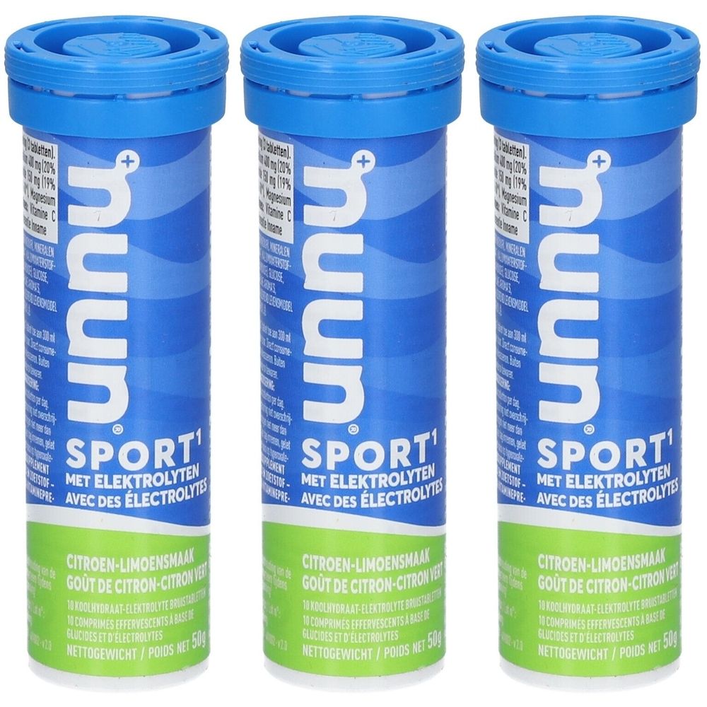 Drie blauwe cilindrische tubes. Opschrift: nuun Sport1 met elektrolyten. Smaak citroen-limoen. Nettogewicht 50g.