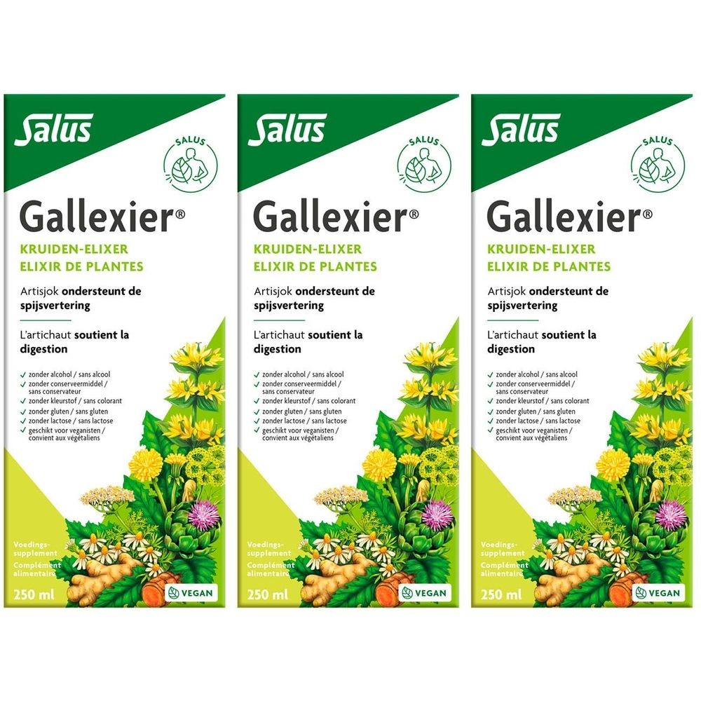 Drie dozen Salus Gallexier. Opschrift: Gallexier, kruiden-elixer, artisjok ondersteunt de spijsvertering. Vegan.