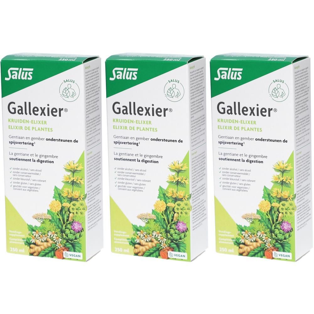 Drie dozen Salus Gallexier Kruiden-Elixer. Groene en witte verpakking met productnaam en plantenillustraties.