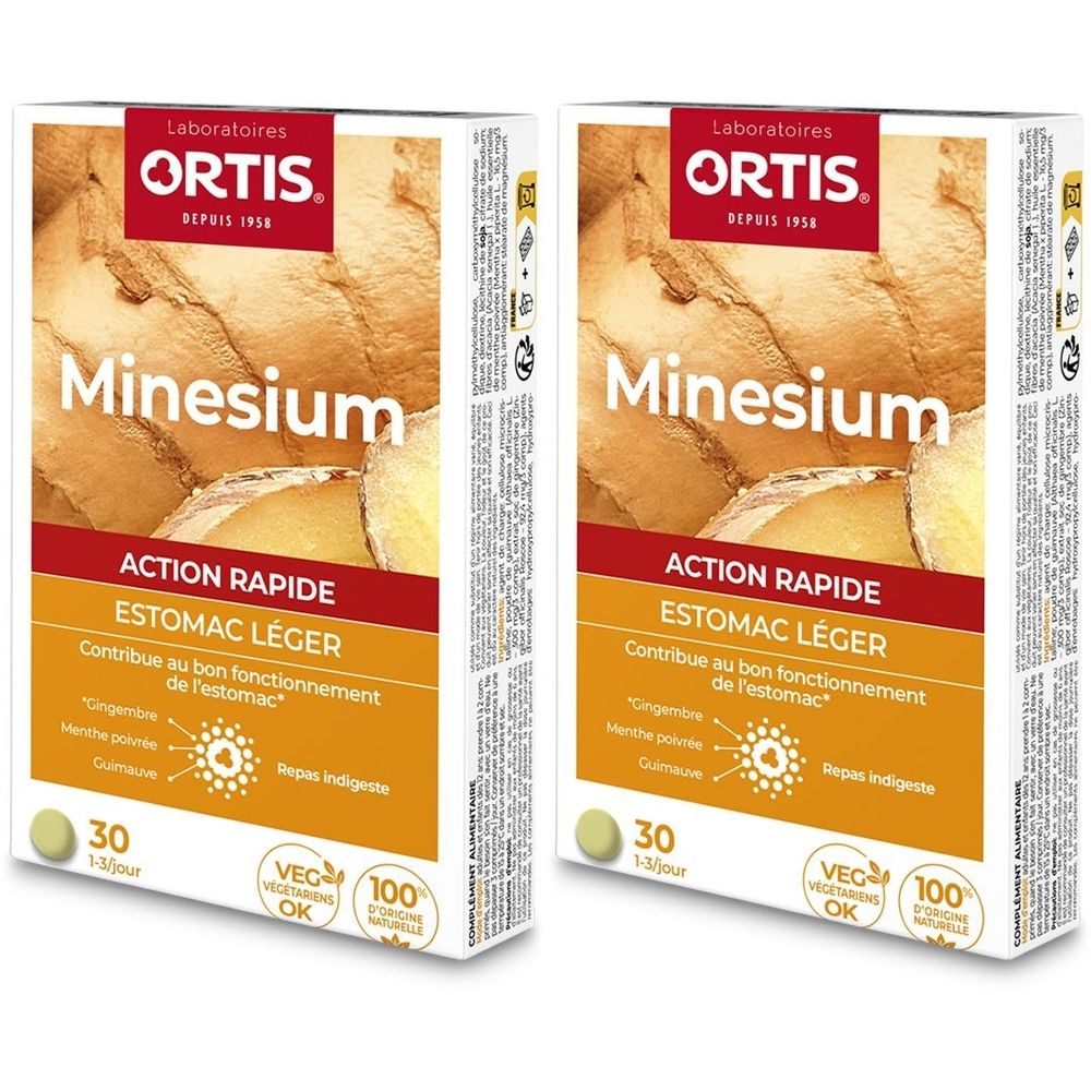 Twee dozen Ortis Minesium. Opschrift: Action Rapide, Estomac Léger. 30 tabletten. Vegetarisch OK.