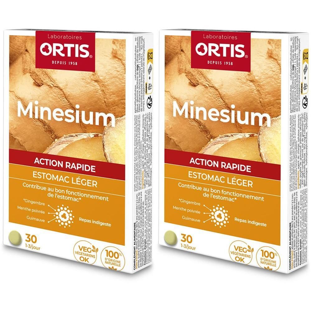 Twee dozen Ortis Minesium. Opschrift: Minesium, Action Rapide, Estomac Léger. Met 30 tabletten, vegetarisch, 100% natuurlijk.